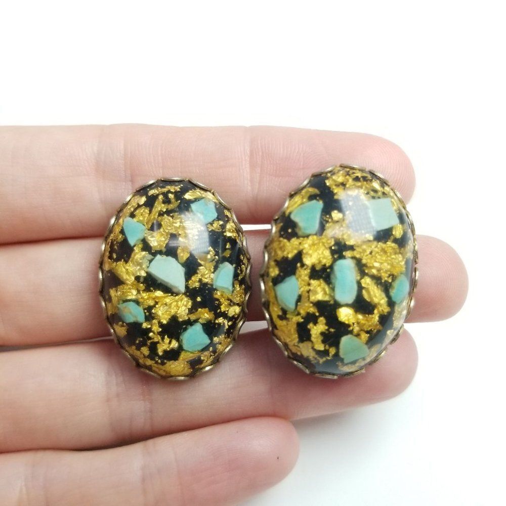 Vintage Oval Dome Cabochon Clip On Earrings, Retro Acrylic Design, Gold Black